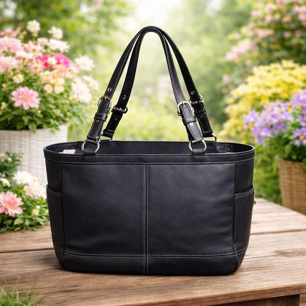 Coach Parker Pleated Tote Black Leather Shoulder Bag F13759 - Picture 2 of 9